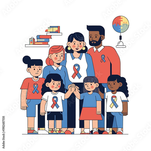 Diverse Family Wearing Awareness Ribbons Together.