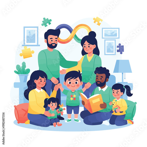 Diverse family with kids indoors home.