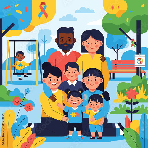 Diverse family with kids outdoors smiling.