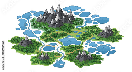 Isometric fantasy map vector, miniature world with snow capped mountains and blue lakes, green forest terrain and winding rivers on white background