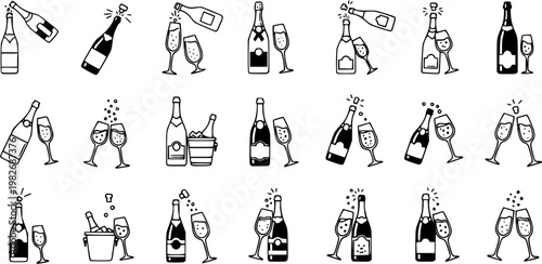 Black and White Line Art Icons of Champagne Bottles and Glasses for Celebrations