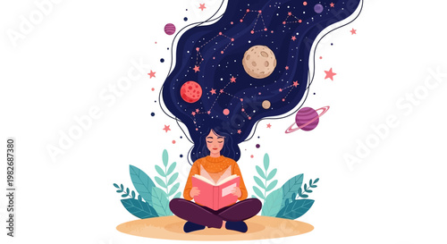 Discovering a Universe Within a Book Flat Vector Graphic for World Book Day
