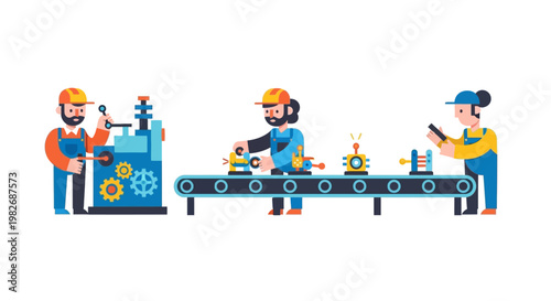 Automated Factory Production Line With Workers Assembling Products With Machinery And Conveyor Belts