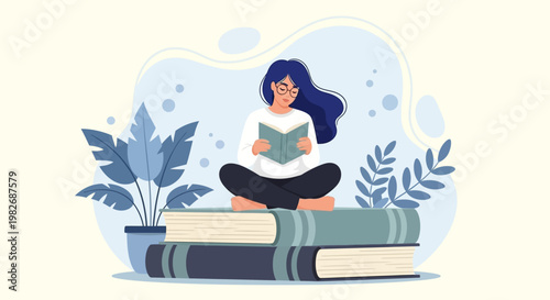 Focused Reader Vector Graphic Isolated on White for World Book Day Celebration