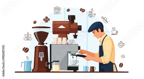 Barista Making Coffee. Coffee Shop Interior. Flat Design Style.