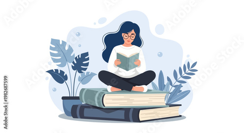 World Book Day Concept Featuring a Thoughtful Woman Reading Isolated on White