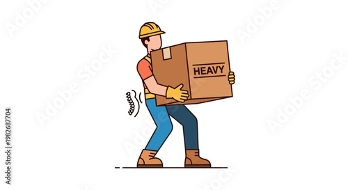 Manual lifting technique to prevent back strain with a heavy box, illustrating proper posture and safety during physical exertion in a construction or warehouse environment