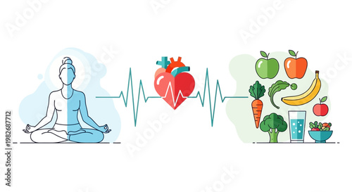 Healthy lifestyle: yoga, healthy food, and heart health concept