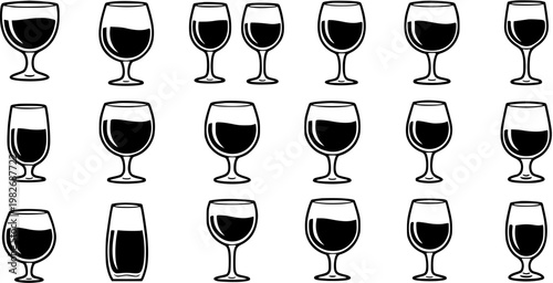 Black and White Wine Glasses Glyph Icons Set. Vector Collection of Various Stemware Types for Beverage, Hospitality, and Alcohol Industry Design.