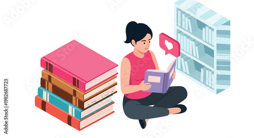 Flat vector of a girl enjoying her favorite romantic novel