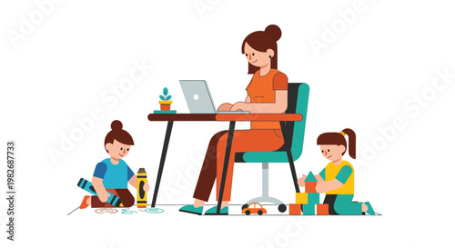 Multitasking parent efficiently working from home on a laptop, surrounded by young children engaged in creative play activities