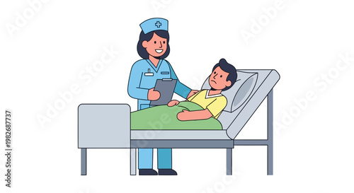 A compassionate nurse attends to a male patient resting in a hospital bed, providing professional care and support during recovery from illness
