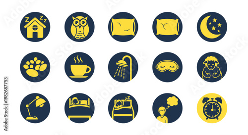 Collection of Sleep and Relaxation Icons Dreamy Nights, Cozy Beds, and Peaceful Slumber