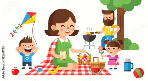 Happy family enjoying a delightful summer picnic outdoors, sharing food and laughter under the warm sun, with children playing and parents grilling in a serene park setting
