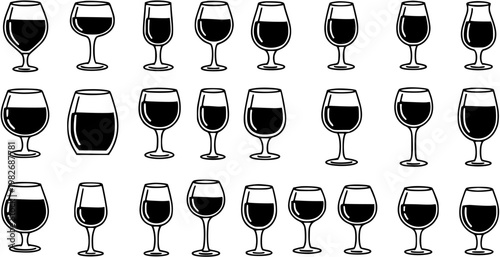 Black and white line art vector set of various wine glasses with red wine