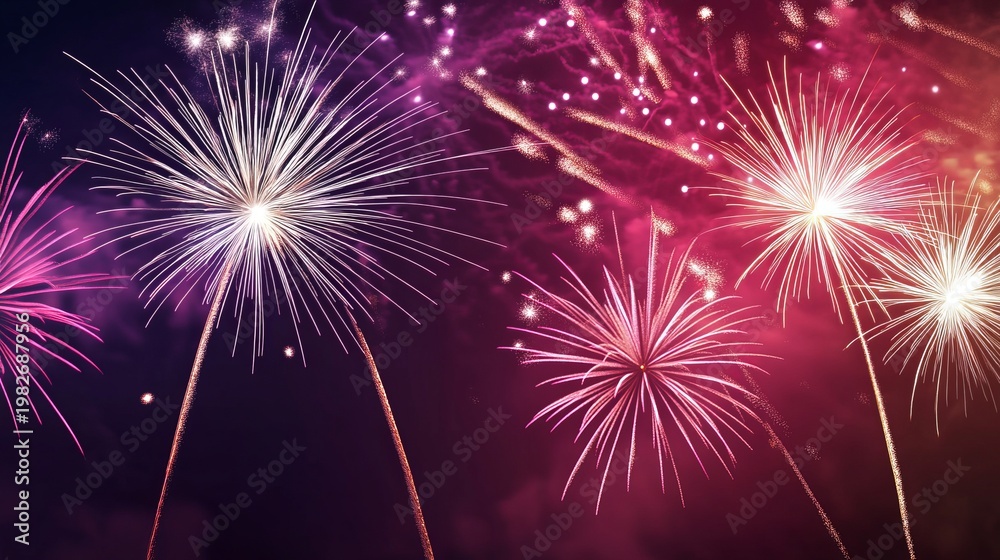 Fototapeta premium USA patriotic background. Colorful fireworks display lighting up the night sky with various shapes and vibrant colors, creating a festive atmosphere during a celebration or holiday event