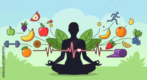 Healthy Lifestyle Concept: Meditation, Fitness, Nutrition, and Wellbeing