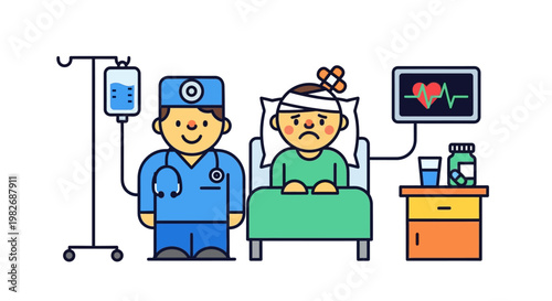 Medical care for patient in hospital bed with nurse or doctor and IV drip, health and wellness concept illustration