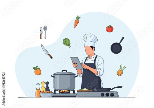 Chef Cooking with Tablet, Fresh Ingredients, Kitchen Utensils
