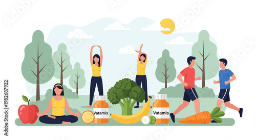 Healthy Lifestyle Concept: People Exercising, Eating Fruits & Vegetables, Taking Vitamins in Park
