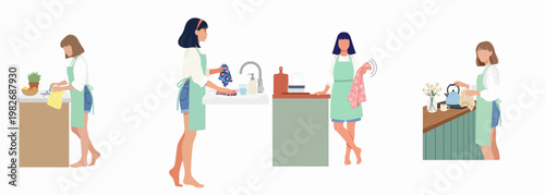 Illustrations of a young woman performing various household chores in the kitchen, including cleaning, washing dishes, and preparing tea.