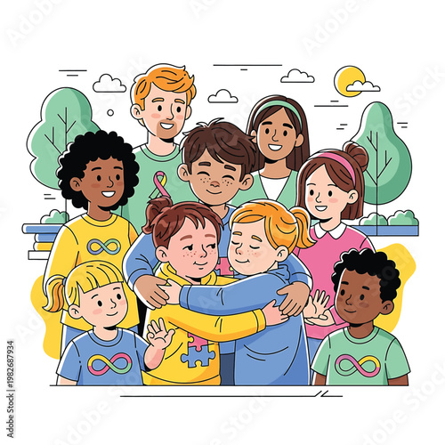 Diverse group of children hugging each other.