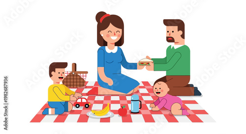 Happy family enjoying a delightful outdoor picnic together on a vibrant checkered blanket, sharing food and creating cherished memories in a cheerful setting