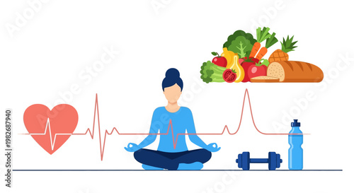 Healthy lifestyle concept: woman meditating with heart, ECG, food, and fitness elements