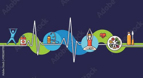 Healthy lifestyle concept with fitness, nutrition, and wellness icons on heartbeat line