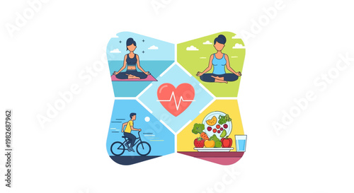 Healthy lifestyle concept: yoga, cycling, healthy food, and heart health