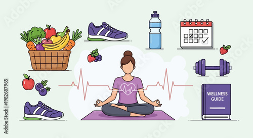 Healthy lifestyle concept: woman meditating, healthy food, fitness, calendar, wellness guide
