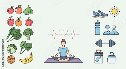 Healthy lifestyle concept: yoga, fitness, nutrition, and wellness