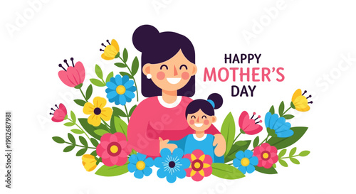 A joyful flat illustration celebrating the unbreakable bond between a loving mother and her happy child, surrounded by vibrant blossoms on a special day