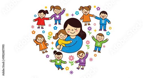 Vibrant illustration of a loving mother embracing her child, surrounded by a diverse group of joyful children forming a heartwarming symbol of community, care, and family unity
