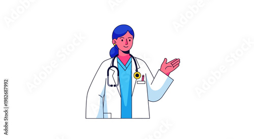 Female doctor wearing a white coat and stethoscope, explaining with open hand gesture, conveying medical expertise and patient care in a clean, modern illustration
