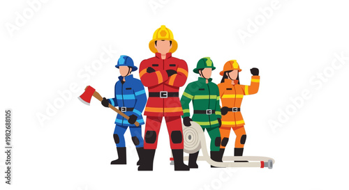 Group of Professional Firefighters Standing Together Ready for Action with Equipment