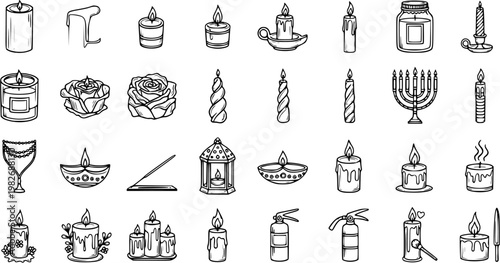 Black and White Line Art Icons of Candles, Flowers, and Fire Extinguishers