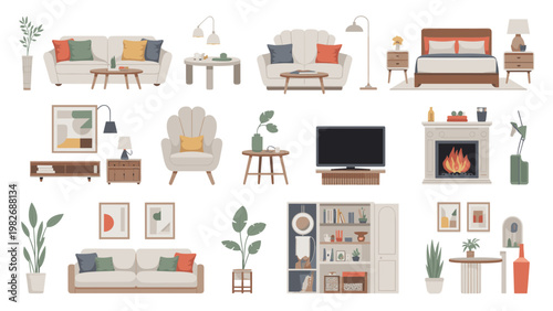 Modern Home Interior Vector Set Living Room and Bedroom Furniture Collection