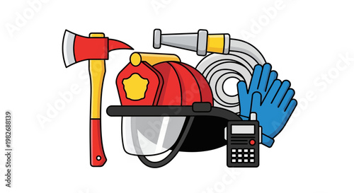 Firefighter Tools and Gear Axe, Helmet, Hose, Gloves, and Radio for Emergency Services and Safety Operations