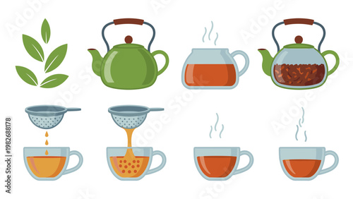 Tea Brewing Process Vector Set From Leaves to Cup Preparation Collection