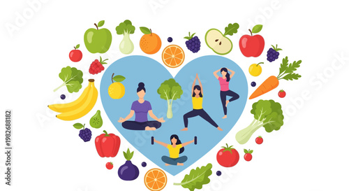 Healthy Lifestyle Heart: Fruits, Vegetables, Yoga, Fitness, Wellness