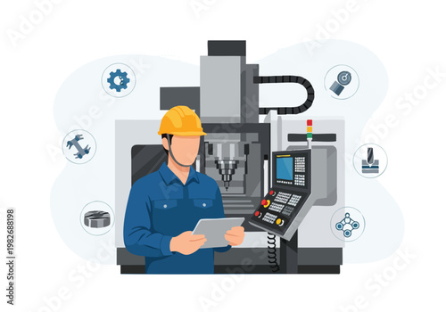CNC Machine Operator with Tablet. Manufacturing Technology. Industry 4.0. Digitalization.