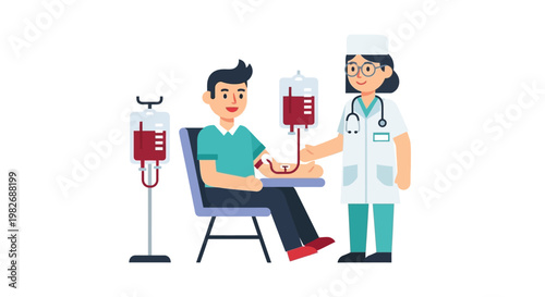 Professional nurse supervises a man undergoing a blood donation procedure, contributing to medical supplies and public health initiatives in a clinic setting. A vital healthcare service
