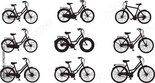 Collection of various bicycle silhouettes in black color