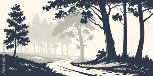 Monochromatic scenic forest landscape illustration with winding country road and dense trees landscape illustration monochrome woodland wilderness adventure artistic background dramatic