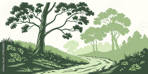 Stylized graphic illustration of a tranquil forest landscape with a winding dirt road and green trees landscape illustration woodland wilderness artistic environment tranquil peaceful