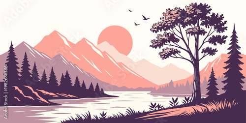 Sunset over mountain lake with silhouette of pine trees and lone tree flat design mountain landscape illustration minimalist stylized wilderness environment waterfront silhouette