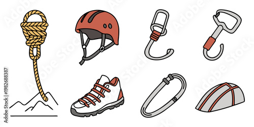Set of climbing gear equipment and safety climbing accessories with climbing equipment carabiner mountaineering adventure activity mountain protection extremesport lifestyle vacation