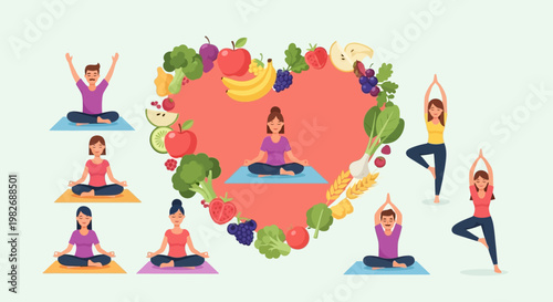 Healthy Lifestyle: Yoga Poses and Fresh Fruits & Vegetables in Heart Shape