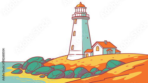 Stylized graphic illustration of a coastal lighthouse on a rocky shore beside the sea with lighthouse nautical landscape seascape vacation building architecture landmark navigation